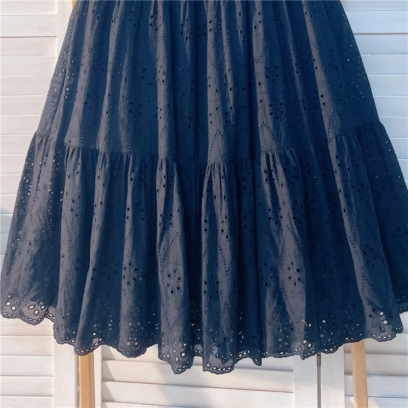 Elegant Hollow Out Embroidery Cotton Line White Skirt, Long Black Skirts For Women 2026 Autumn