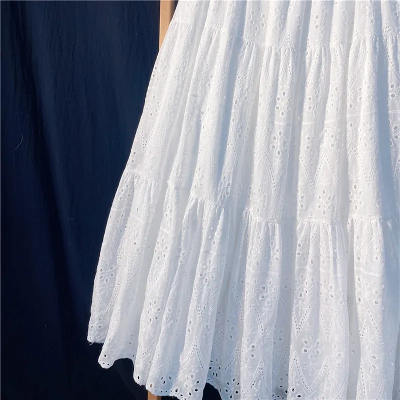 Elegant Hollow Out Embroidery Cotton Line White Skirt, Long Black Skirts For Women 2026 Autumn