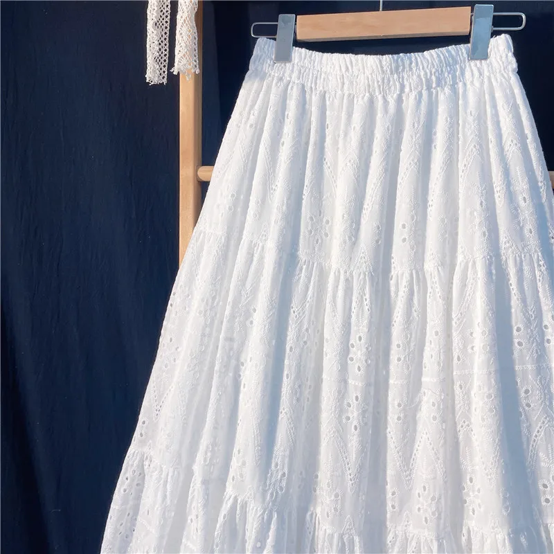 Elegant Hollow Out Embroidery Cotton Line White Skirt, Long Black Skirts For Women 2026 Autumn