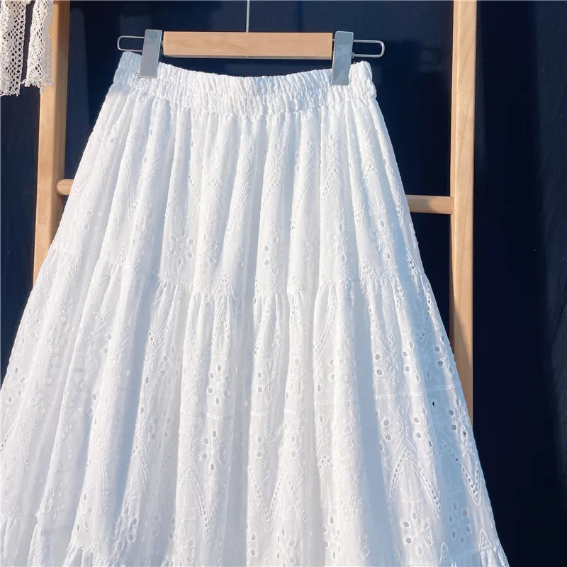 Elegant Hollow Out Embroidery Cotton Line White Skirt, Long Black Skirts For Women 2026 Autumn