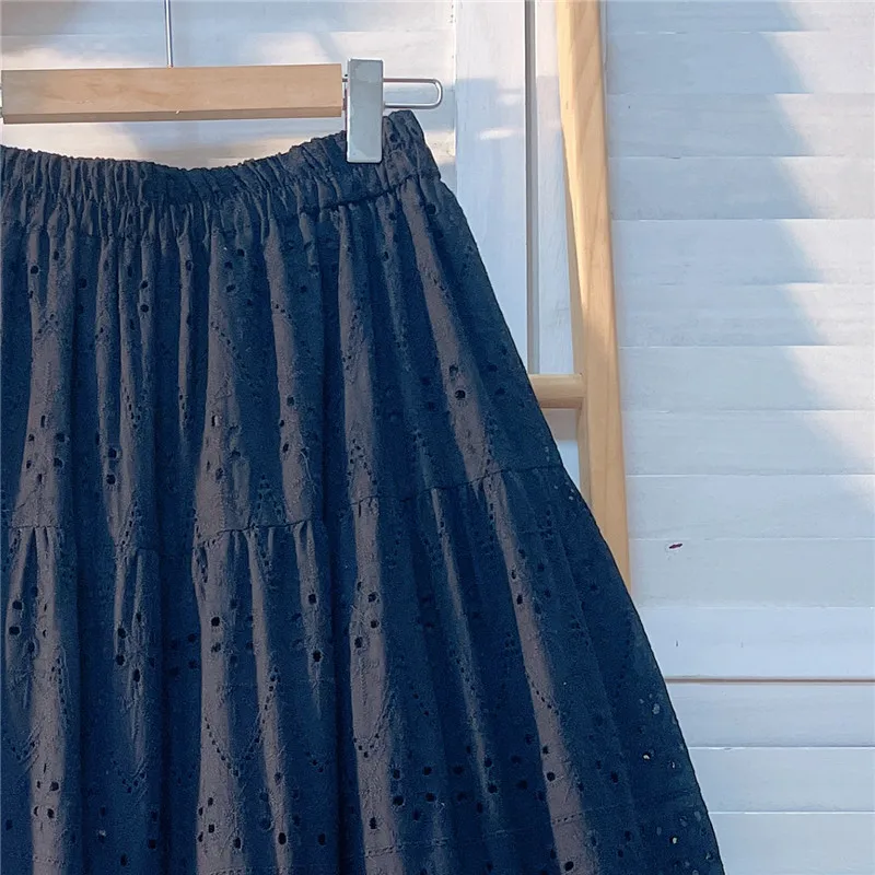 Elegant Hollow Out Embroidery Cotton Line White Skirt, Long Black Skirts For Women 2026 Autumn