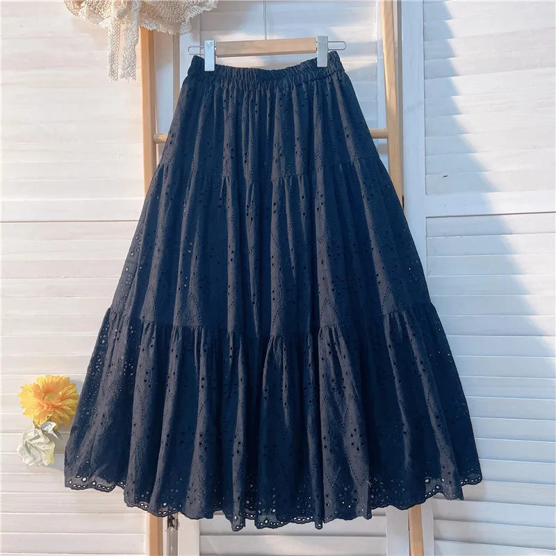 Elegant Hollow Out Embroidery Cotton Line White Skirt, Long Black Skirts For Women 2026 Autumn