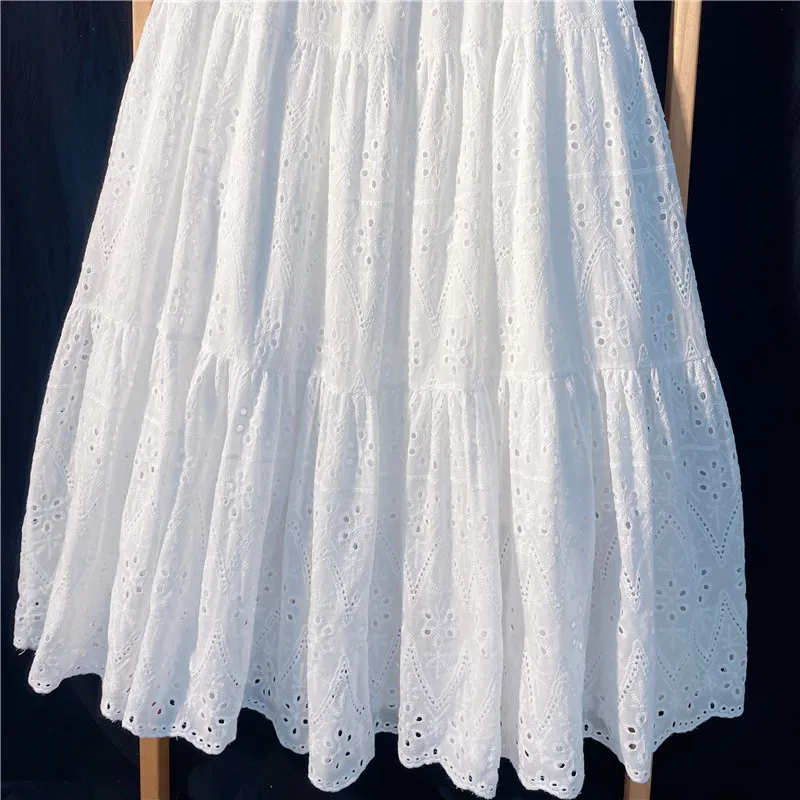 Elegant Hollow Out Embroidery Cotton Line White Skirt, Long Black Skirts For Women 2026 Autumn