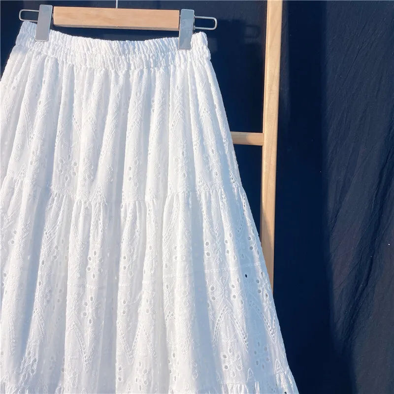 Elegant Hollow Out Embroidery Cotton Line White Skirt, Long Black Skirts For Women 2026 Autumn