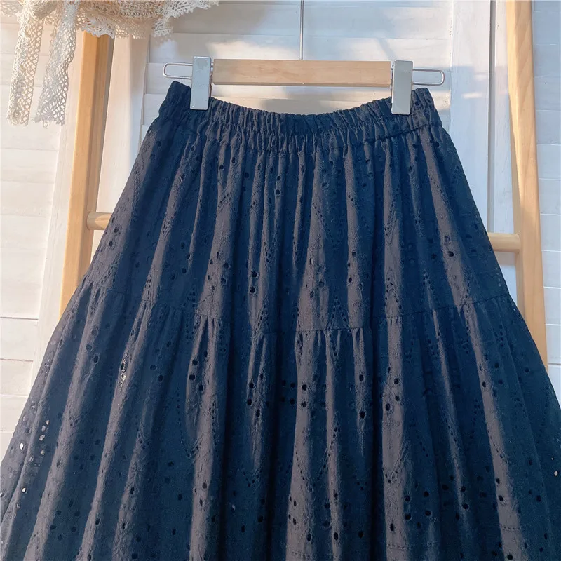Elegant Hollow Out Embroidery Cotton Line White Skirt, Long Black Skirts For Women 2026 Autumn
