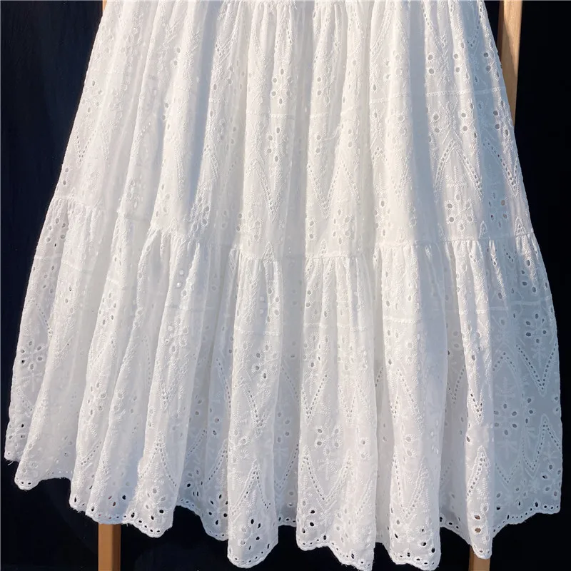 Elegant Hollow Out Embroidery Cotton Line White Skirt, Long Black Skirts For Women 2026 Autumn