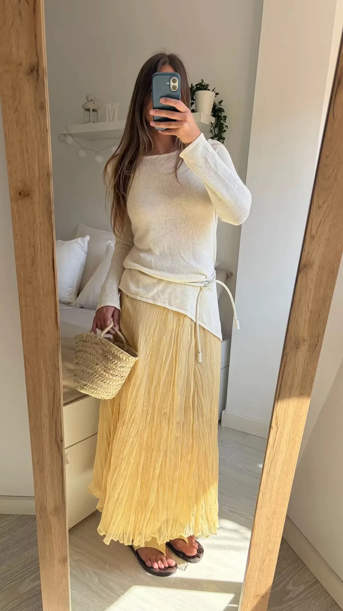 YENKYE Women Crinkle A-line Midi Butter Yellow Skirt Elastic Waist Spring Summer Holiday Elegant Skirts New 2025 Falda Mujer