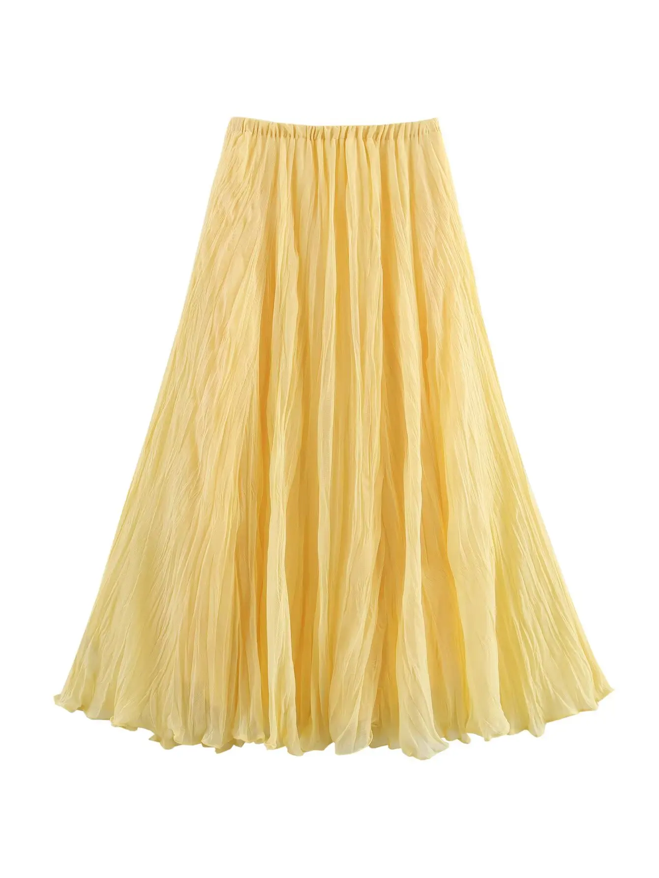 YENKYE Women Crinkle A-line Midi Butter Yellow Skirt Elastic Waist Spring Summer Holiday Elegant Skirts New 2025 Falda Mujer