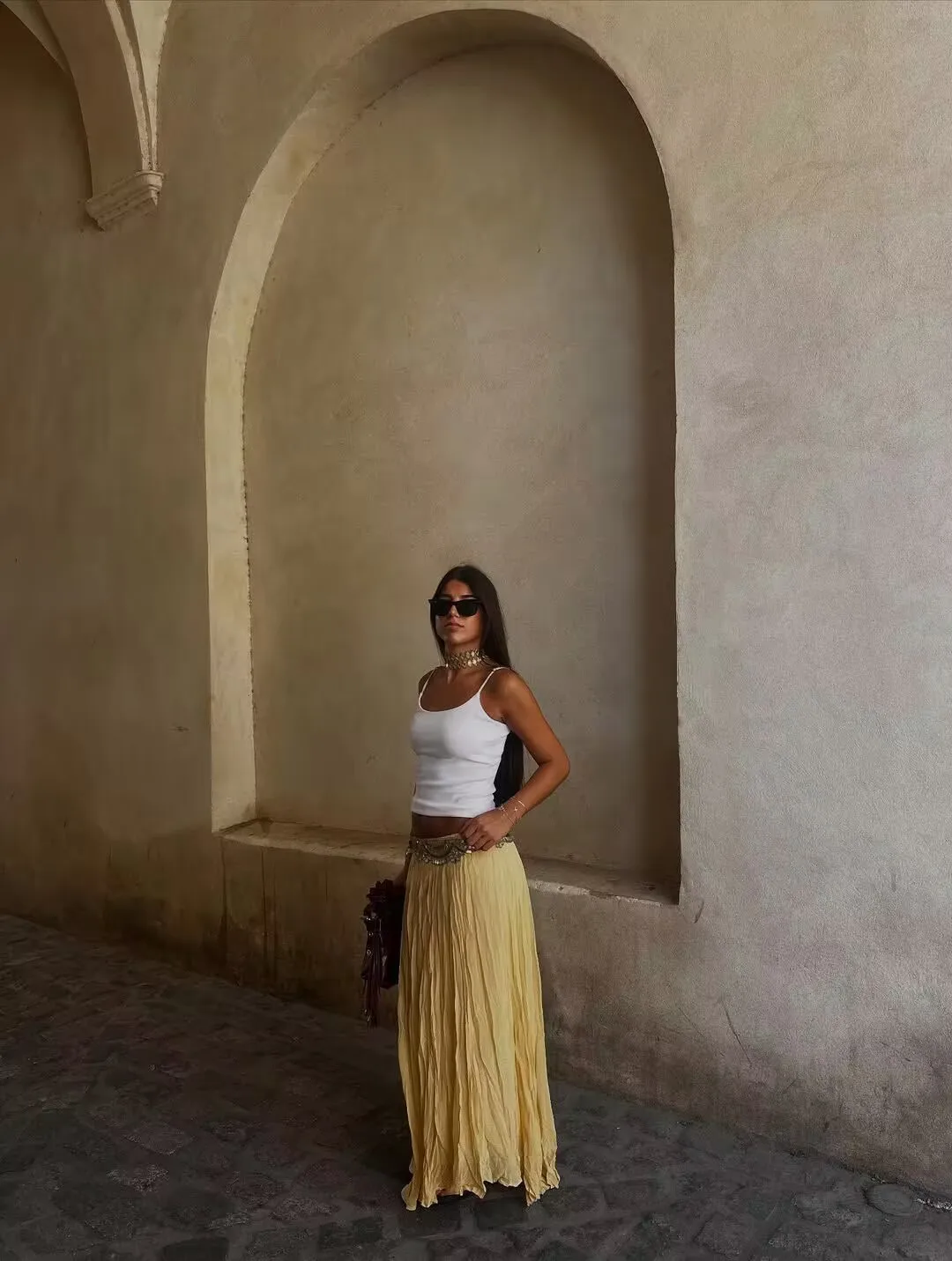YENKYE Women Crinkle A-line Midi Butter Yellow Skirt Elastic Waist Spring Summer Holiday Elegant Skirts New 2025 Falda Mujer