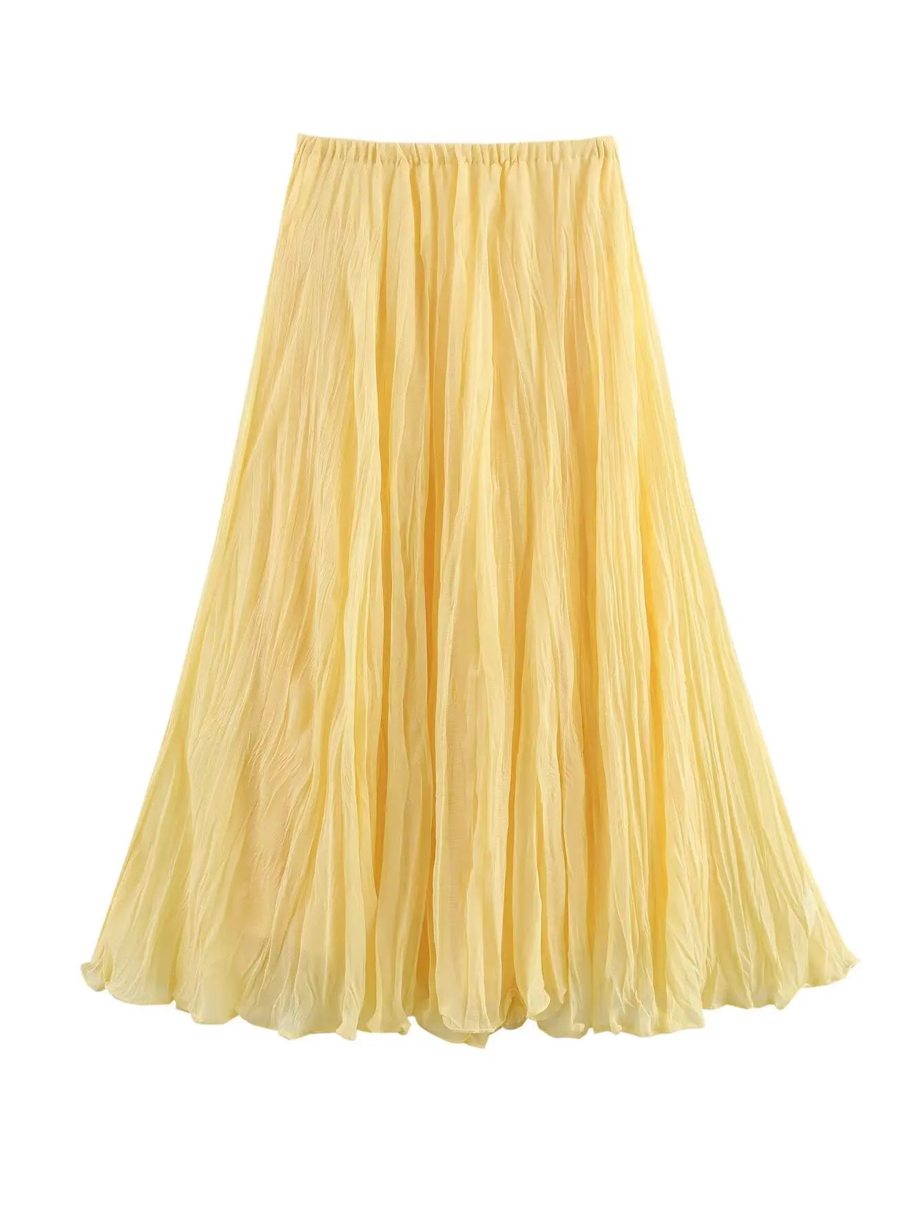 YENKYE Women Crinkle A-line Midi Butter Yellow Skirt Elastic Waist Spring Summer Holiday Elegant Skirts New 2025 Falda Mujer