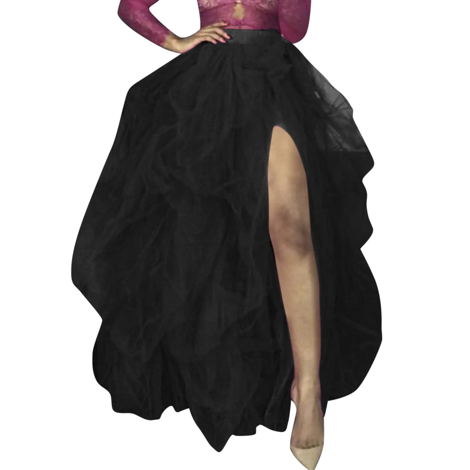 Women's Princess Tutu Skirt Elegant Puffy Tiered Tulle Skirts Fashion Korean Dance Party A Line High Waisted Mesh Maxi Skirt