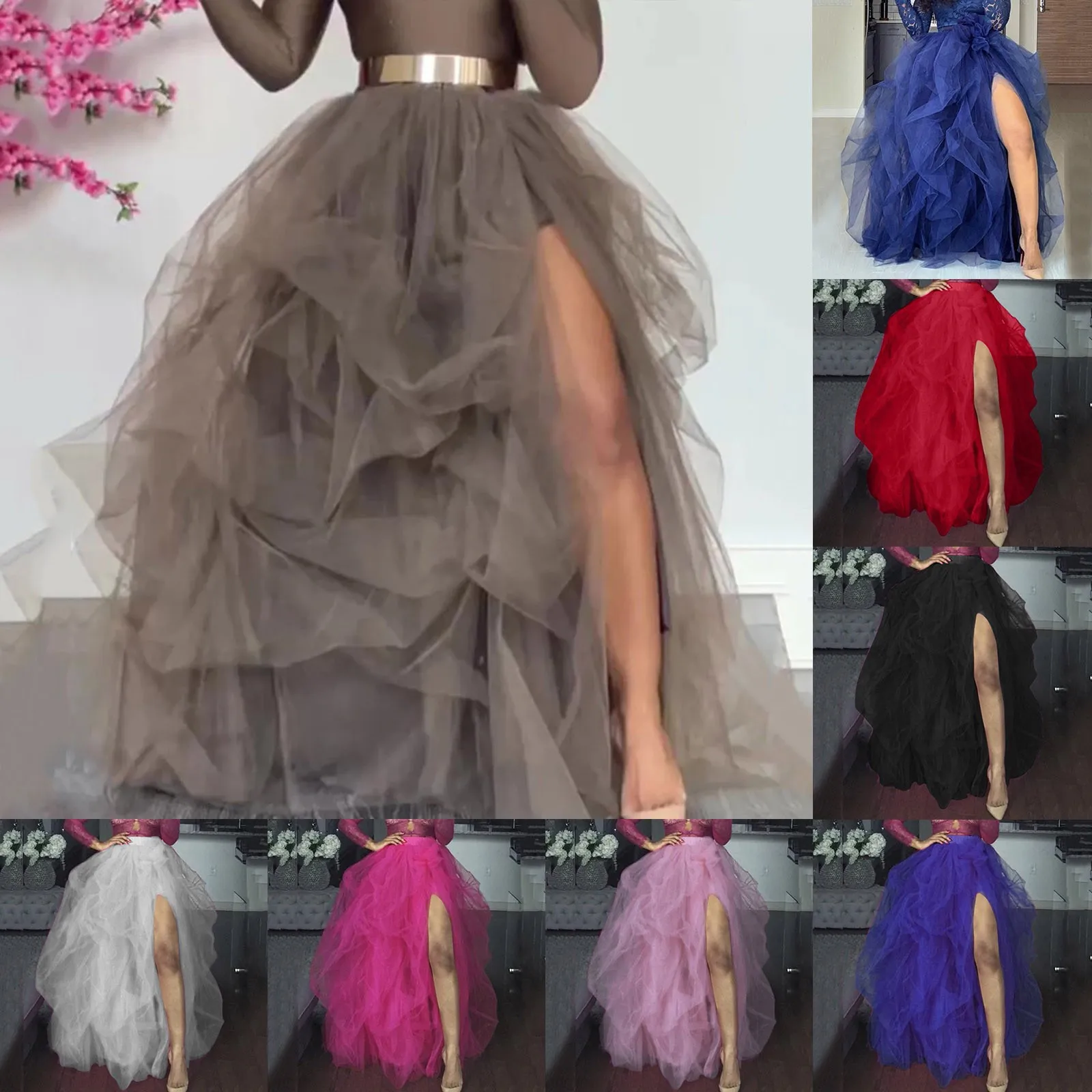 Women's Princess Tutu Skirt Elegant Puffy Tiered Tulle Skirts Fashion Korean Dance Party A Line High Waisted Mesh Maxi Skirt