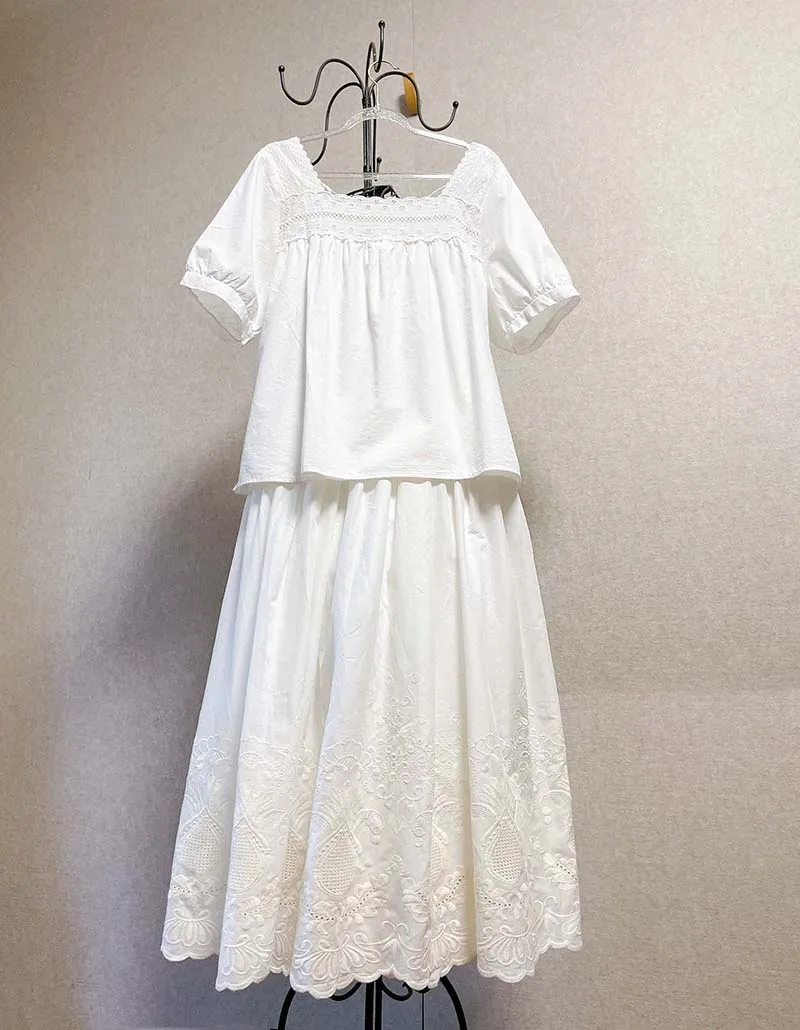 Vintage Embroidery Floral Cotton Midi Skirt Elastic Waist Skirts For Women 2026 Spring Summer