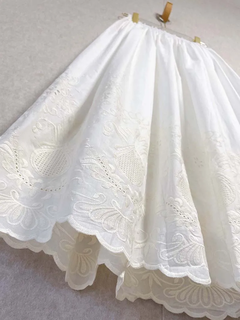 Vintage Embroidery Floral Cotton Midi Skirt Elastic Waist Skirts For Women 2026 Spring Summer