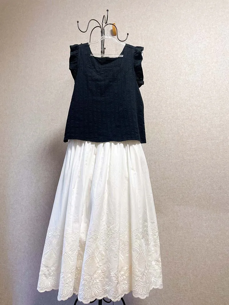 Vintage Embroidery Floral Cotton Midi Skirt Elastic Waist Skirts For Women 2026 Spring Summer