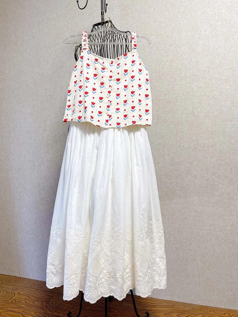 Vintage Embroidery Floral Cotton Midi Skirt Elastic Waist Skirts For Women 2026 Spring Summer