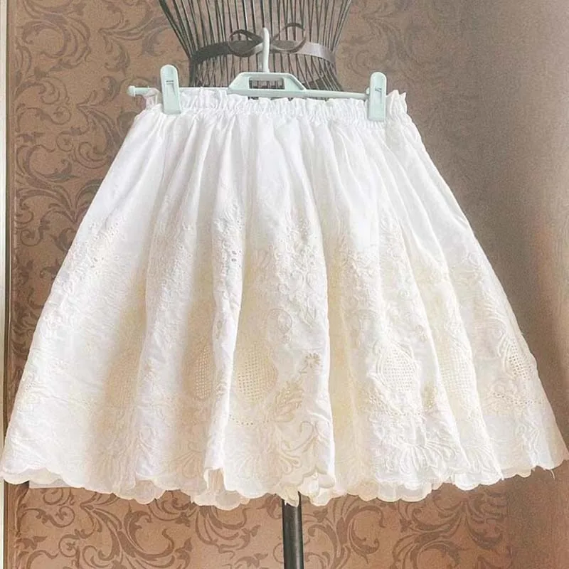 Vintage Embroidery Floral Cotton Midi Skirt Elastic Waist Skirts For Women 2026 Spring Summer