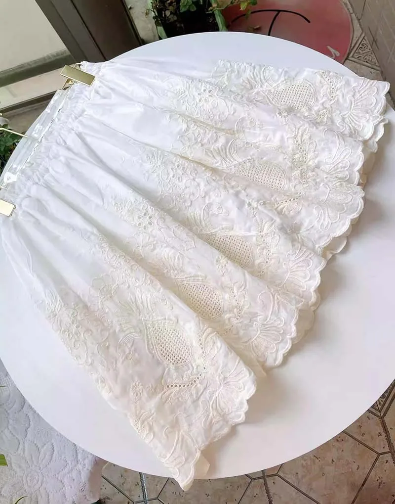 Vintage Embroidery Floral Cotton Midi Skirt Elastic Waist Skirts For Women 2026 Spring Summer