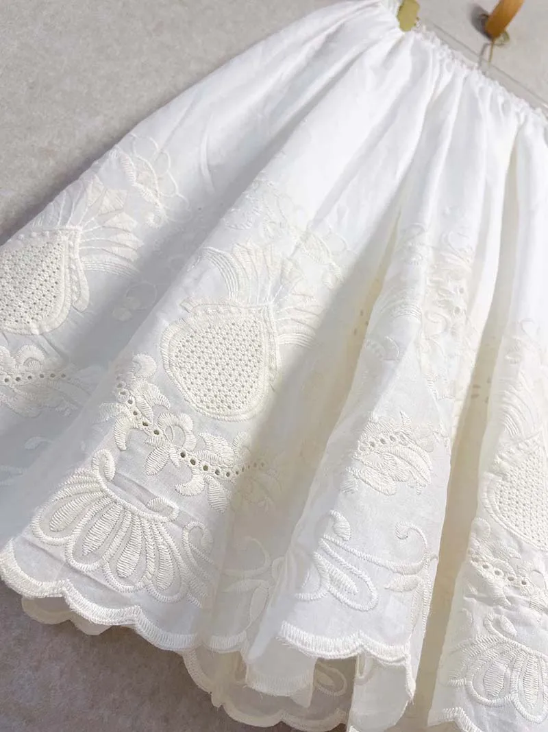 Vintage Embroidery Floral Cotton Midi Skirt Elastic Waist Skirts For Women 2026 Spring Summer