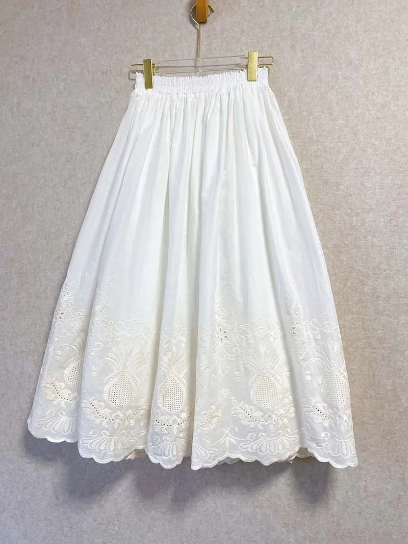 Vintage Embroidery Floral Cotton Midi Skirt Elastic Waist Skirts For Women 2026 Spring Summer