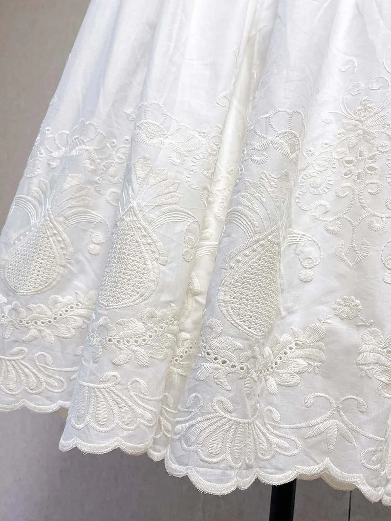 Vintage Embroidery Floral Cotton Midi Skirt Elastic Waist Skirts For Women 2026 Spring Summer