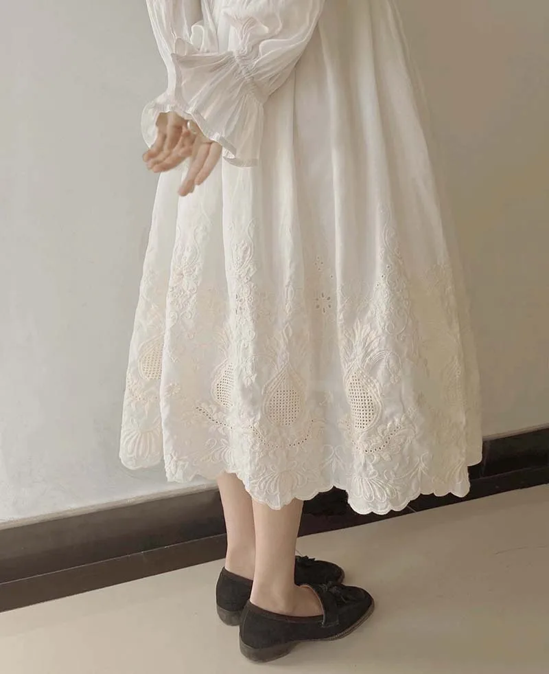 Vintage Embroidery Floral Cotton Midi Skirt Elastic Waist Skirts For Women 2026 Spring Summer