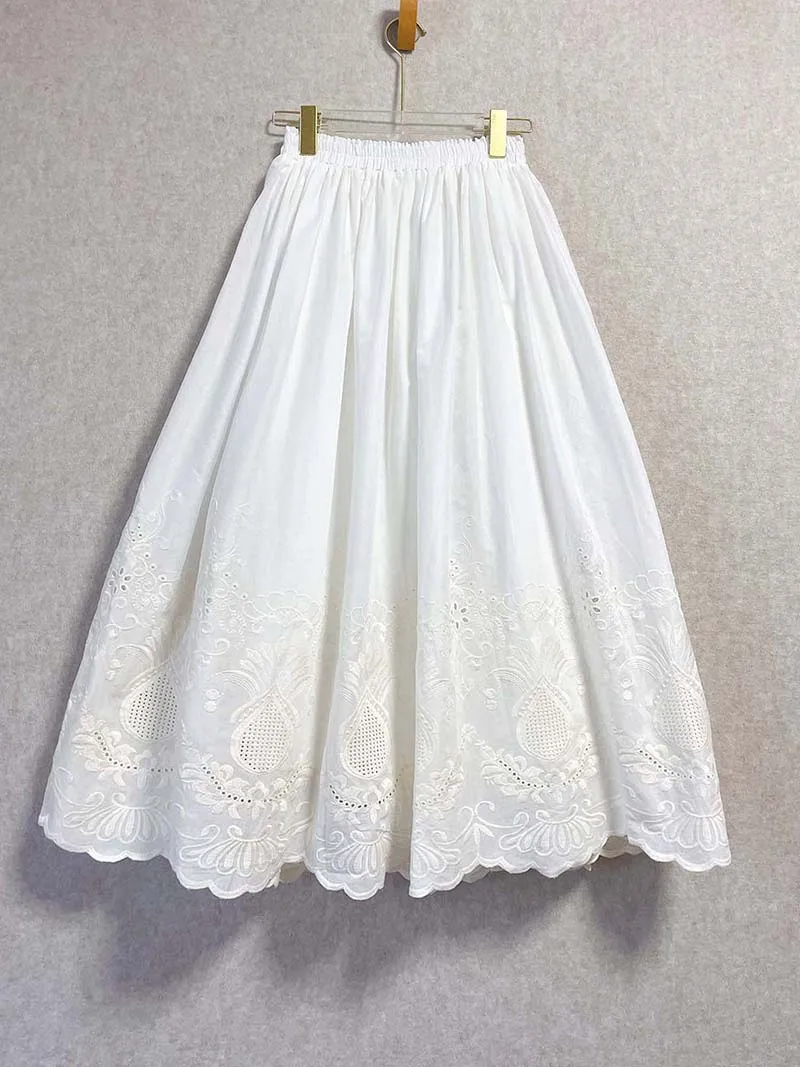 Vintage Embroidery Floral Cotton Midi Skirt Elastic Waist Skirts For Women 2026 Spring Summer