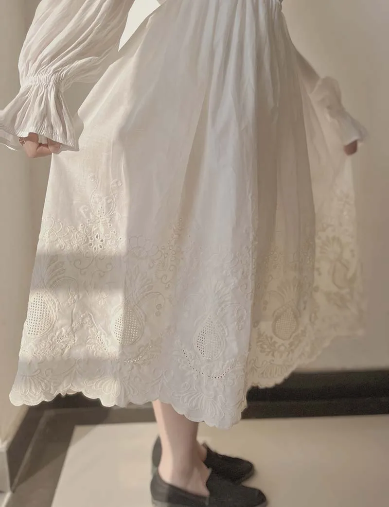 Vintage Embroidery Floral Cotton Midi Skirt Elastic Waist Skirts For Women 2026 Spring Summer