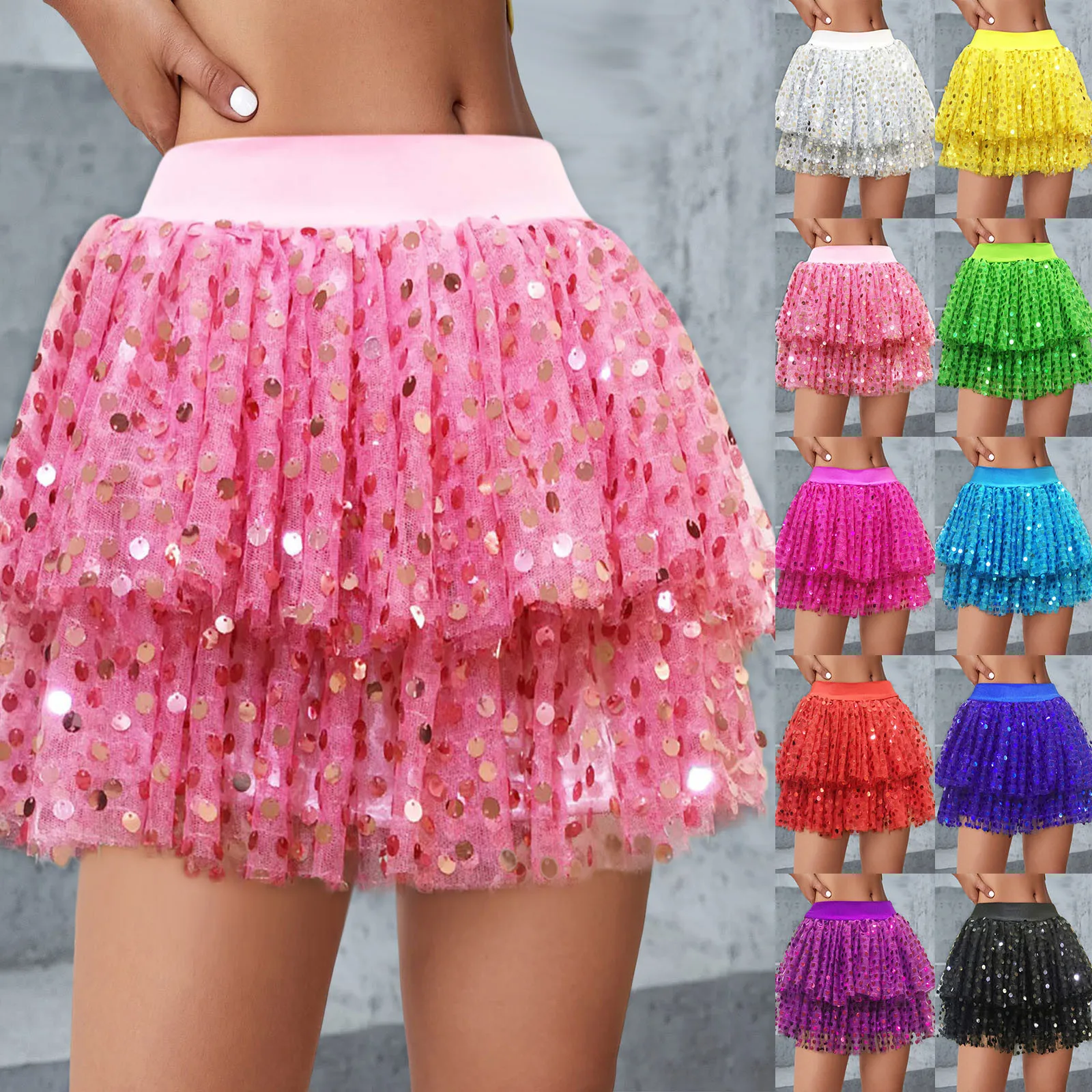 Women Sequined Fashion A-Line Skirt Glitter High Waist Mesh Double Layered Tutu Skirt Clubwear Rave Performance Dancing Costumes