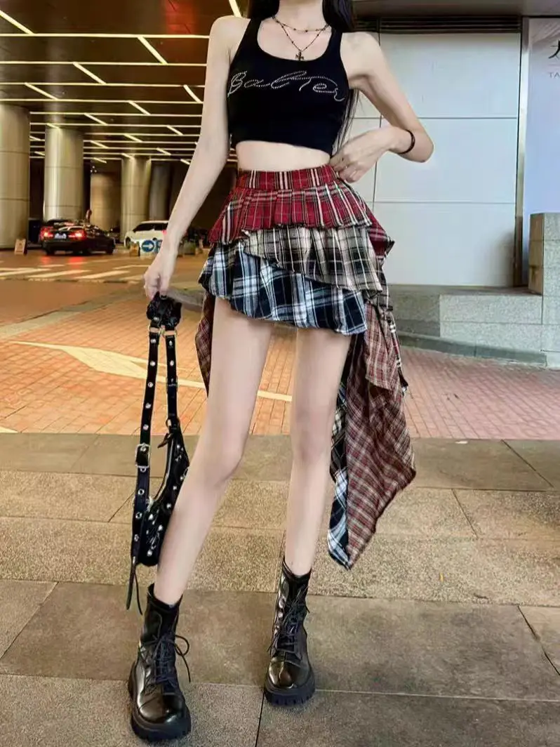 New In Y2k Skirt For Women 2025 Summer Autumn Plaid Patchwork Tassel Sexy Mini Short Skirt Japan Popular Skirt