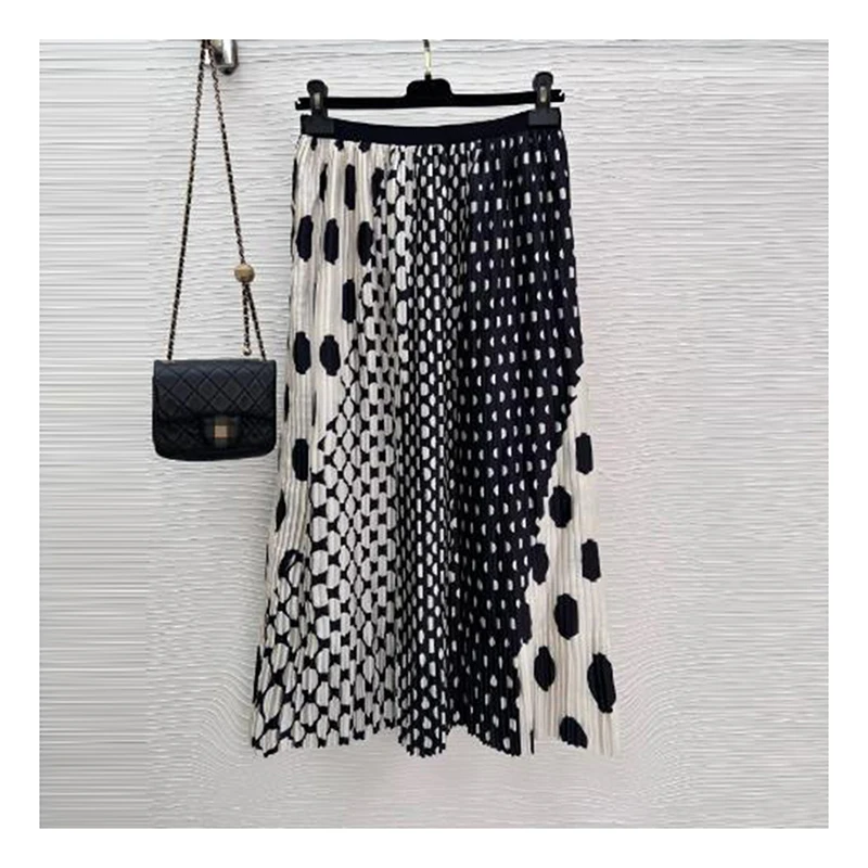 Fashionable polka dot pleated skirt, high waisted large A-line hem, high school long skirt long skirts for women