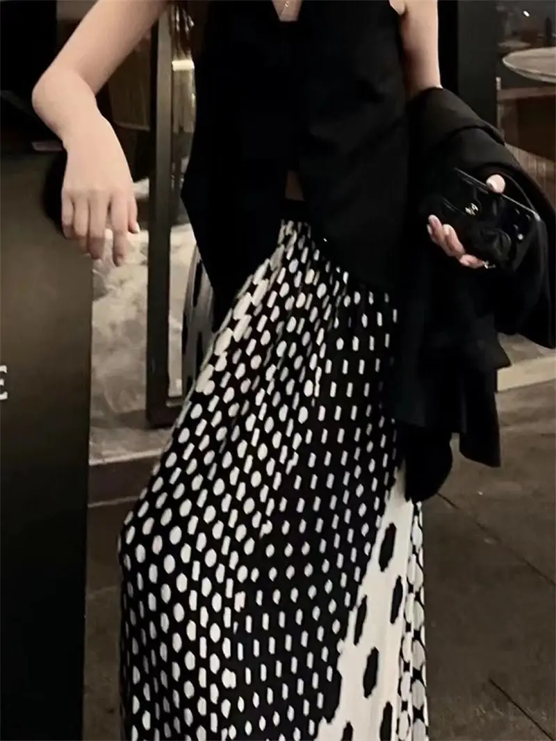 Fashionable polka dot pleated skirt, high waisted large A-line hem, high school long skirt long skirts for women