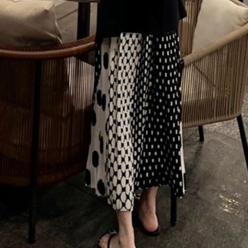 Fashionable polka dot pleated skirt, high waisted large A-line hem, high school long skirt long skirts for women