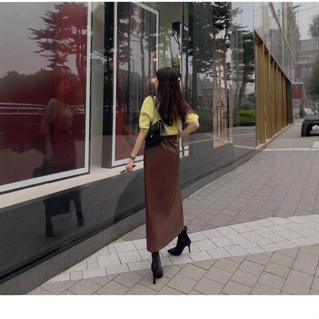 Fashion Women's Pu Leather Skirts 2026 Autumn and Winter New High-waisted Split Long Skirt