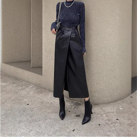 Fashion Women's Pu Leather Skirts 2026 Autumn and Winter New High-waisted Split Long Skirt