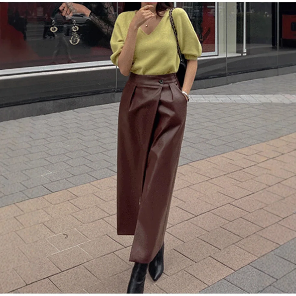 Fashion Women's Pu Leather Skirts 2026 Autumn and Winter New High-waisted Split Long Skirt