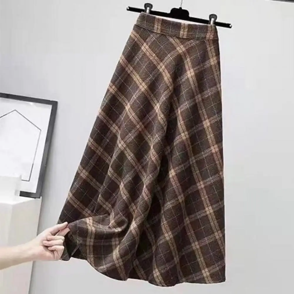 Women Midi Skirt Elastic High Waist Plaid Print Skater Skirt A-Line Large Hem Casual Skirt Korean Thick Commuting Streetwear