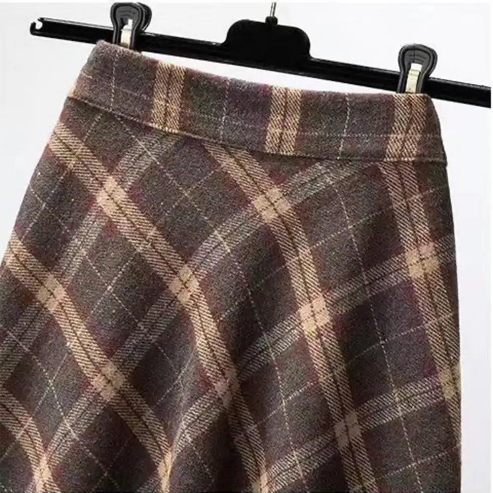 Women Midi Skirt Elastic High Waist Plaid Print Skater Skirt A-Line Large Hem Casual Skirt Korean Thick Commuting Streetwear