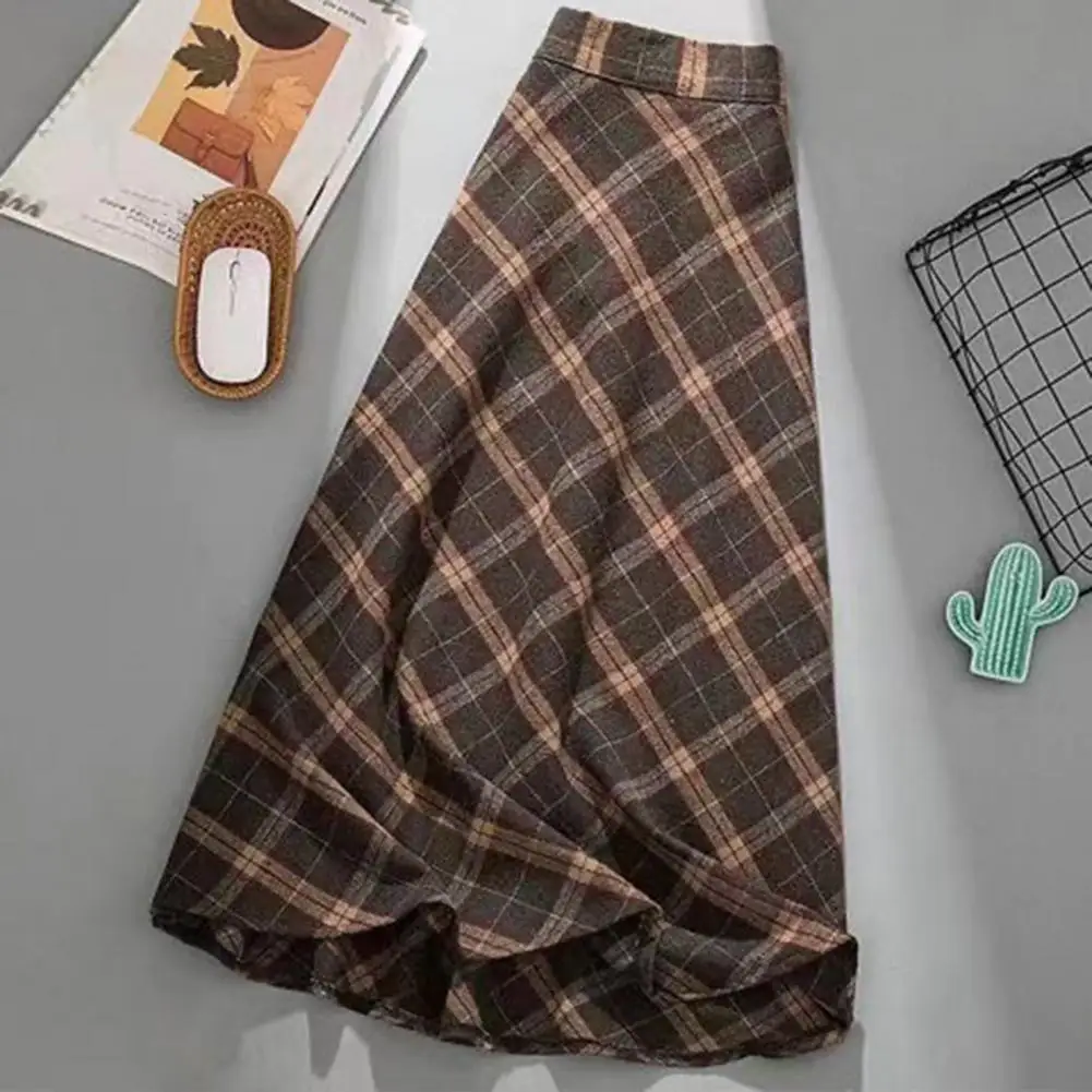 Women Midi Skirt Elastic High Waist Plaid Print Skater Skirt A-Line Large Hem Casual Skirt Korean Thick Commuting Streetwear