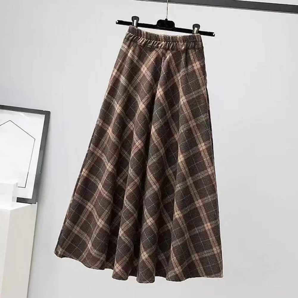 Women Midi Skirt Elastic High Waist Plaid Print Skater Skirt A-Line Large Hem Casual Skirt Korean Thick Commuting Streetwear