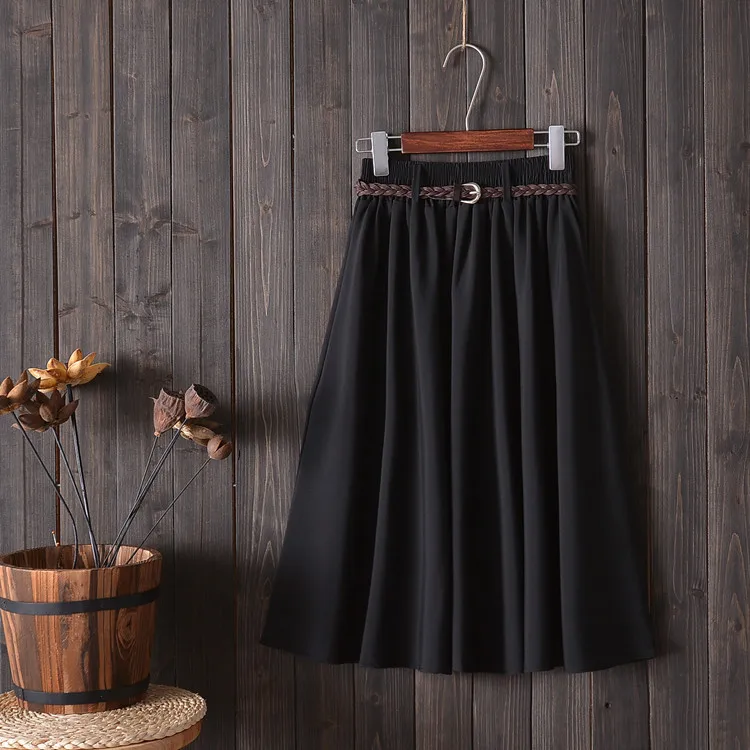 Midi Knee Length Summer Skirt Women With Belt 2025 Fashion Korean Ladies High Waist Pleated A-line School Skirt Female
