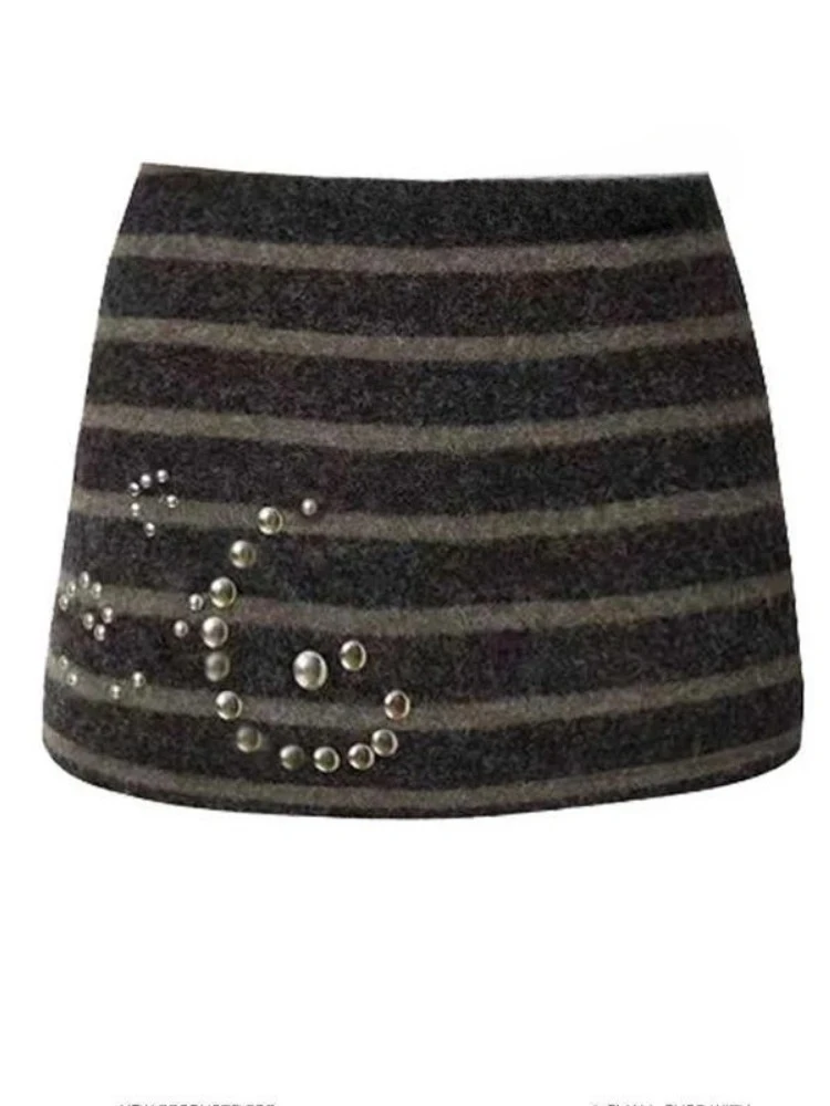 Y2k Aesthetic Women Sexy Stripe Rhinestone Skirts High Waist Vintage Mini Skirt Harajuku Grunge Contrast Color Pencil Faldas