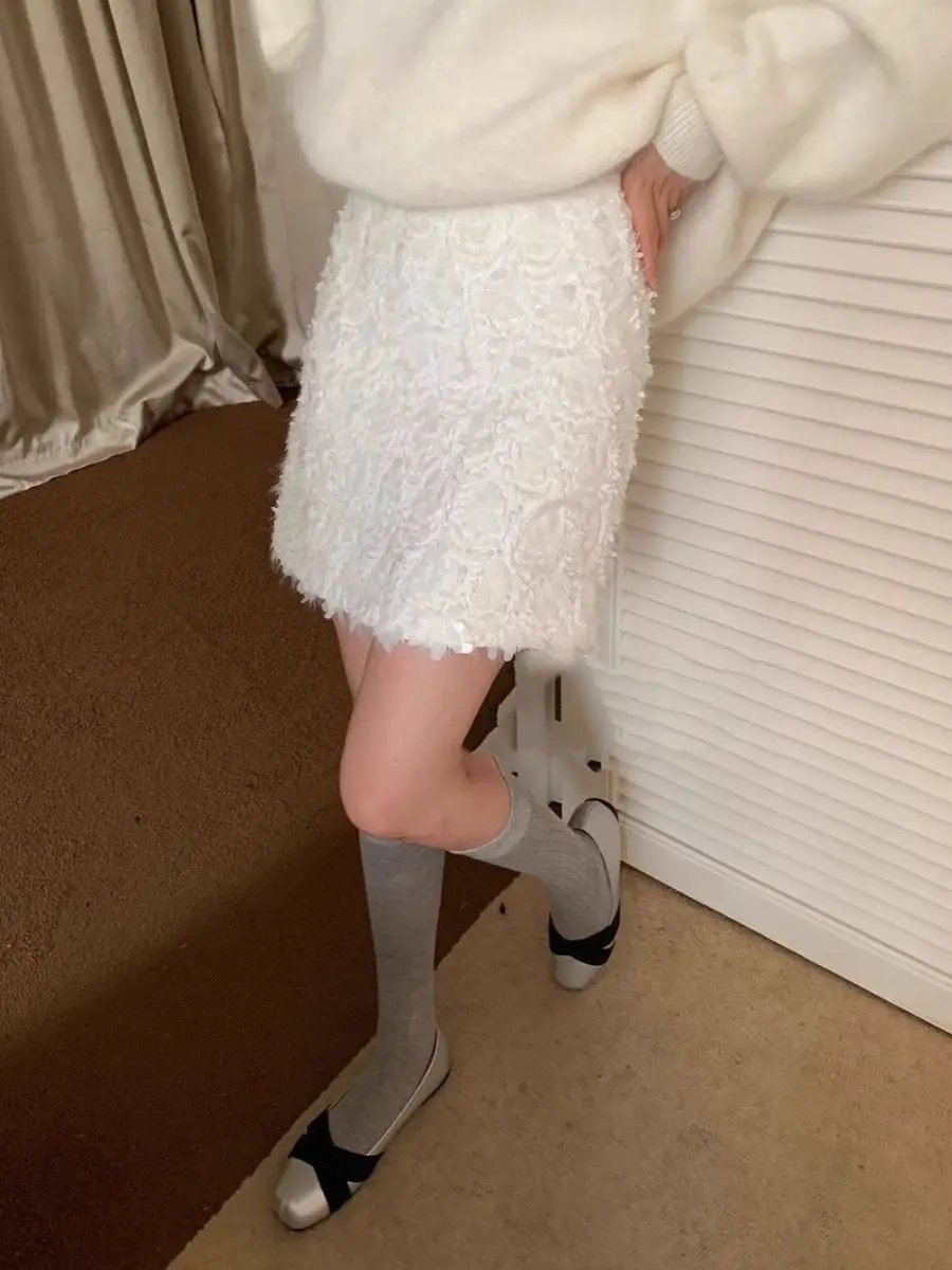 Fashion Clothing Юбка Ropa Mujer Autumn A Line High Waist Falda Heavy Industry White Sequined Skirt Юбки Korean