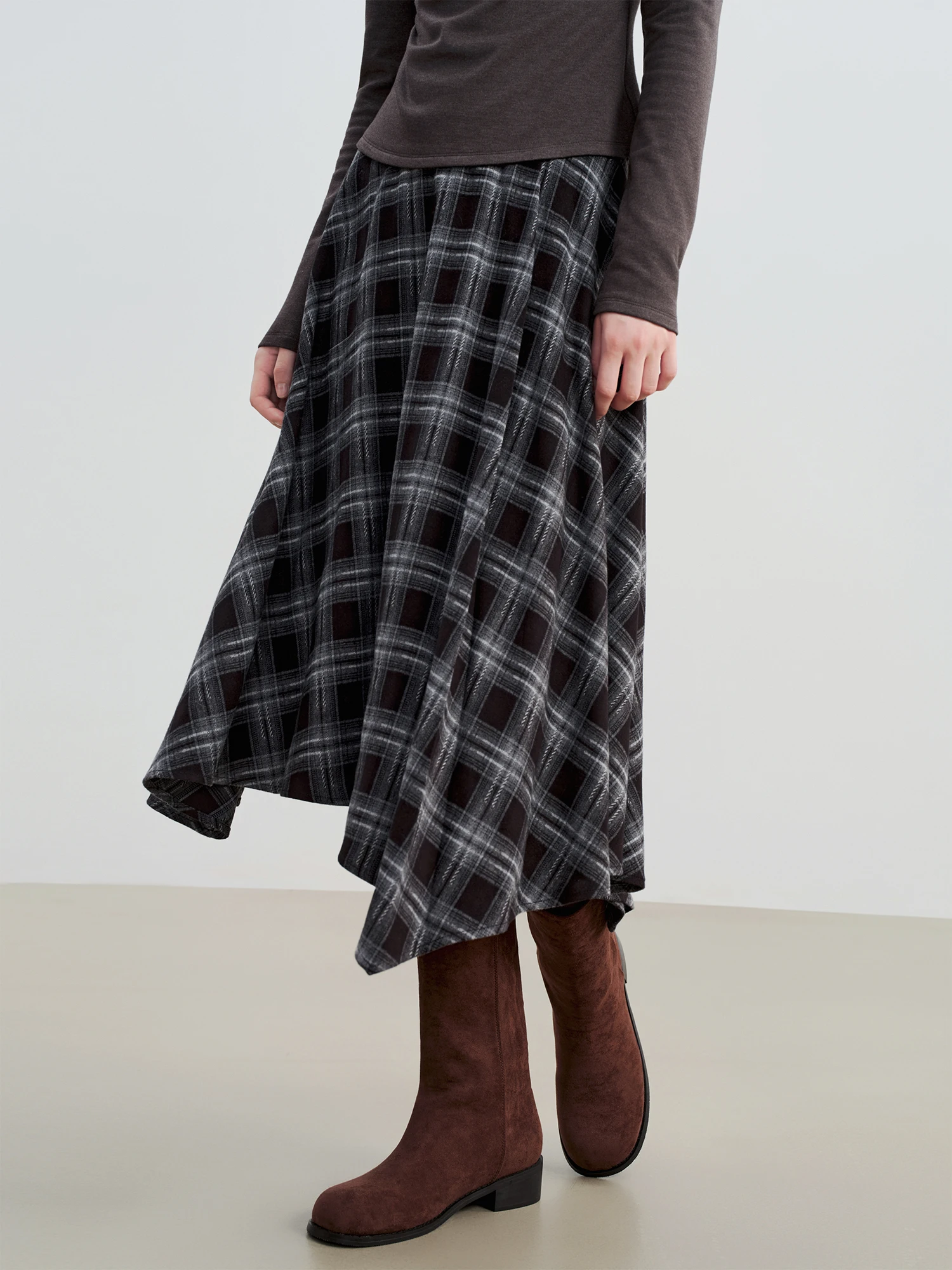 ZIQIAO 2025 Women's Retro Plaid A-Line Skirt - High Waist Flared Swing Midi Skirt with Pleated Detail for Office Casual​