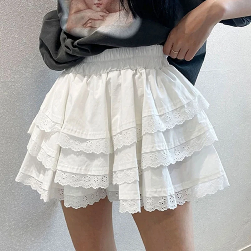 High Waist Lace Multi Layer Mini Skirt Women Summer Sweet Preppy Patchwork Tutu Skirts Y2K Korean All Match A Line Cake Skirts