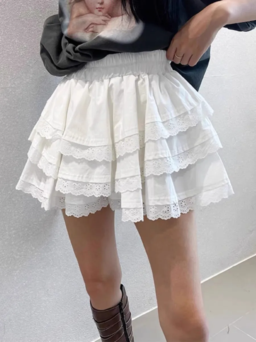 High Waist Lace Multi Layer Mini Skirt Women Summer Sweet Preppy Patchwork Tutu Skirts Y2K Korean All Match A Line Cake Skirts