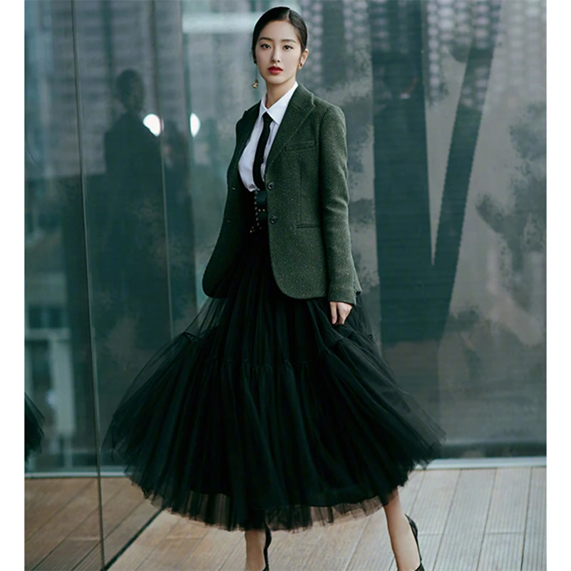 Summer High Waist Long Tulle Skirts for Women Solid Color A-Line Tutu Mesh Clothing Spring Autumn Female Pleated Skirts