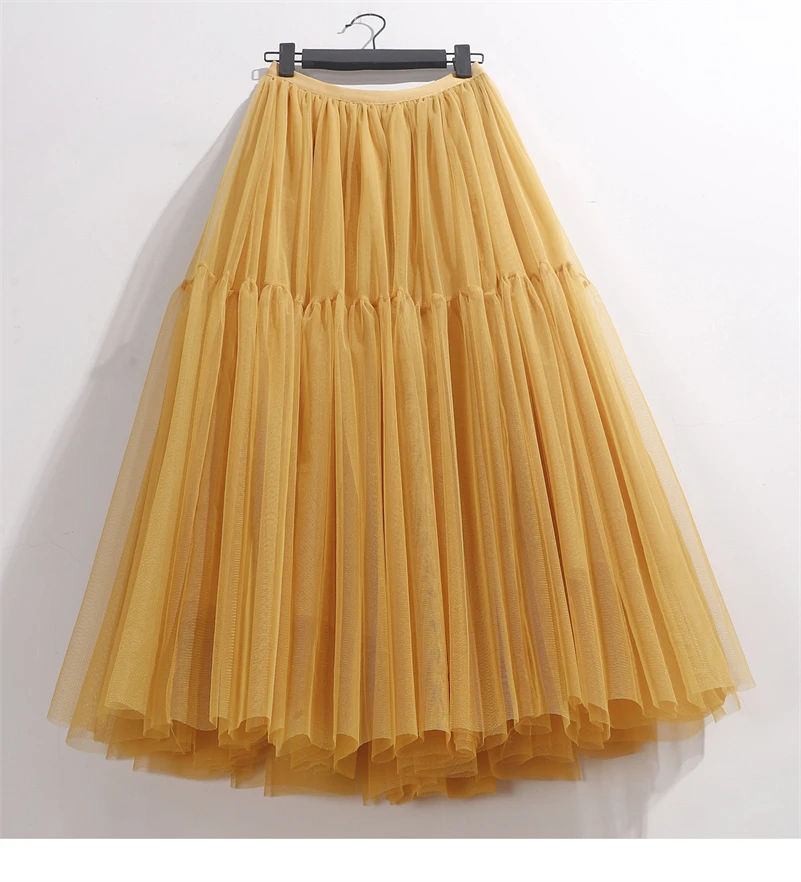Summer High Waist Long Tulle Skirts for Women Solid Color A-Line Tutu Mesh Clothing Spring Autumn Female Pleated Skirts