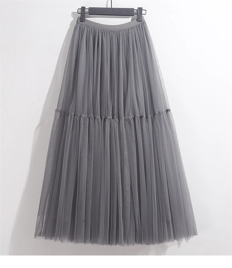 Summer High Waist Long Tulle Skirts for Women Solid Color A-Line Tutu Mesh Clothing Spring Autumn Female Pleated Skirts
