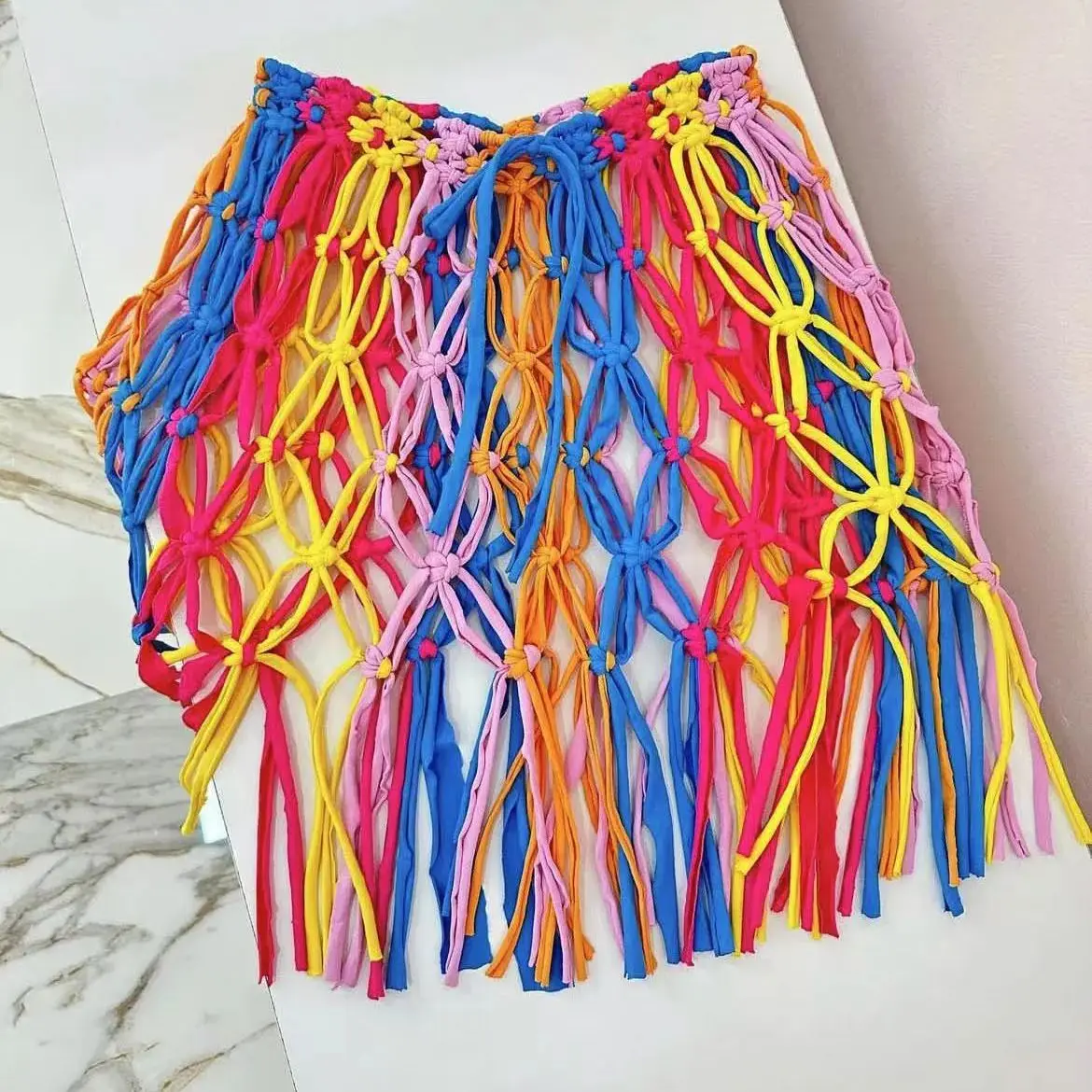 Beachapche Hand Crochet Tassel Mini Skirts Women Fashion Sexy Side High Knitted Beach Cover Ups Casual